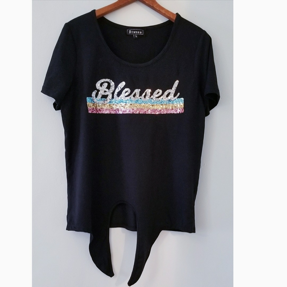 Black Crop Top with Sequins Graphic